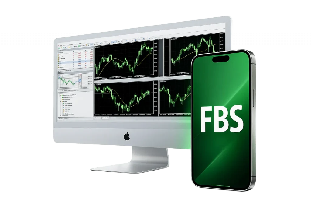 Plataforma de trading FBS exibida no computador e no aplicativo móvel.
